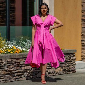 Hot Pink Midi Dress with Puffy Sleeves and a V-Neck